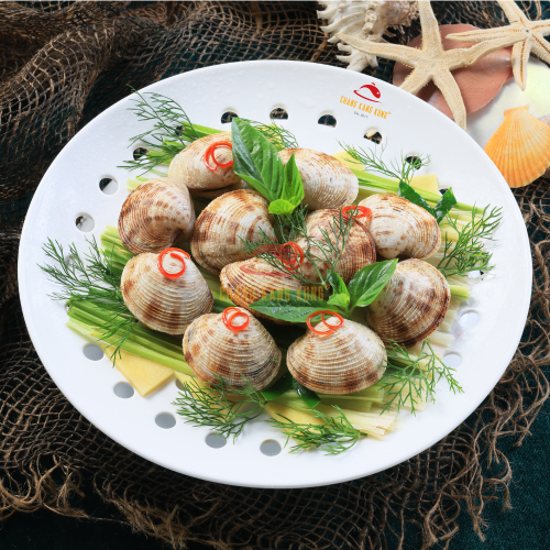 Ngao sần lưỡi đỏ hấp lá quế